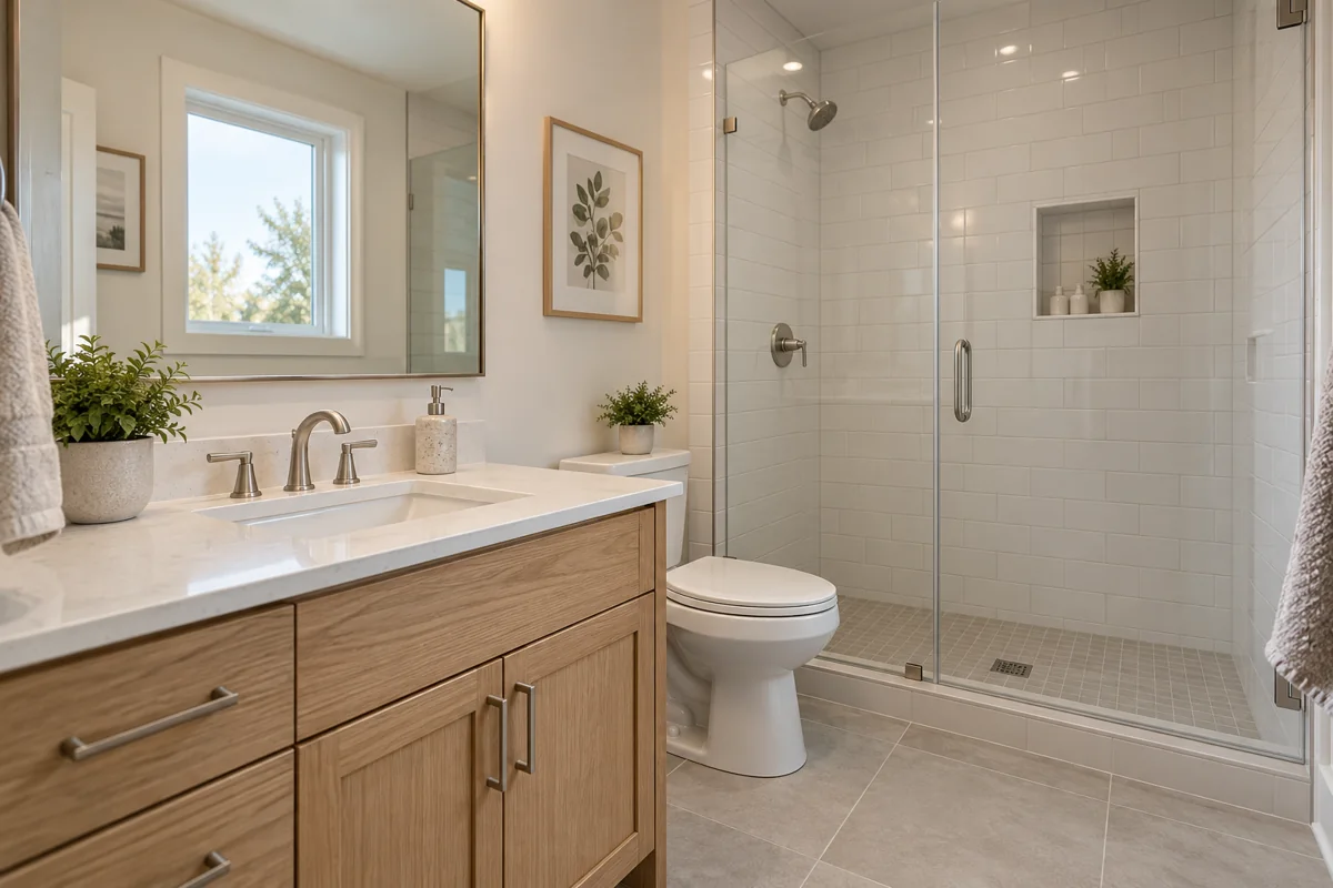 AI-generated bathroom concept with oak vanity and glass shower enclosure