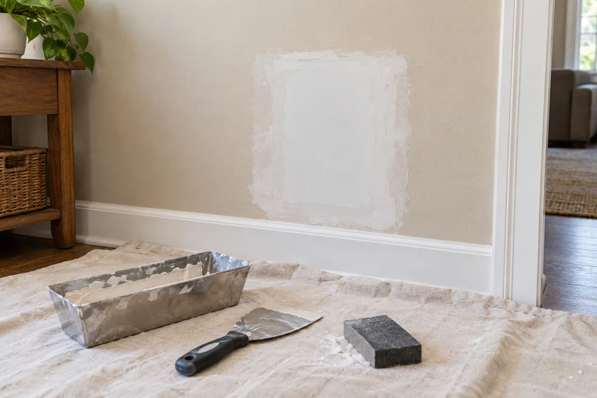 AI-generated illustration of a drywall patch with finishing tools and floor protection