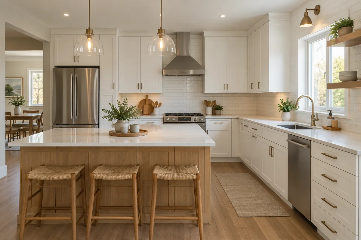 AI-generated kitchen concept with white shaker cabinets, oak island, and subway tile